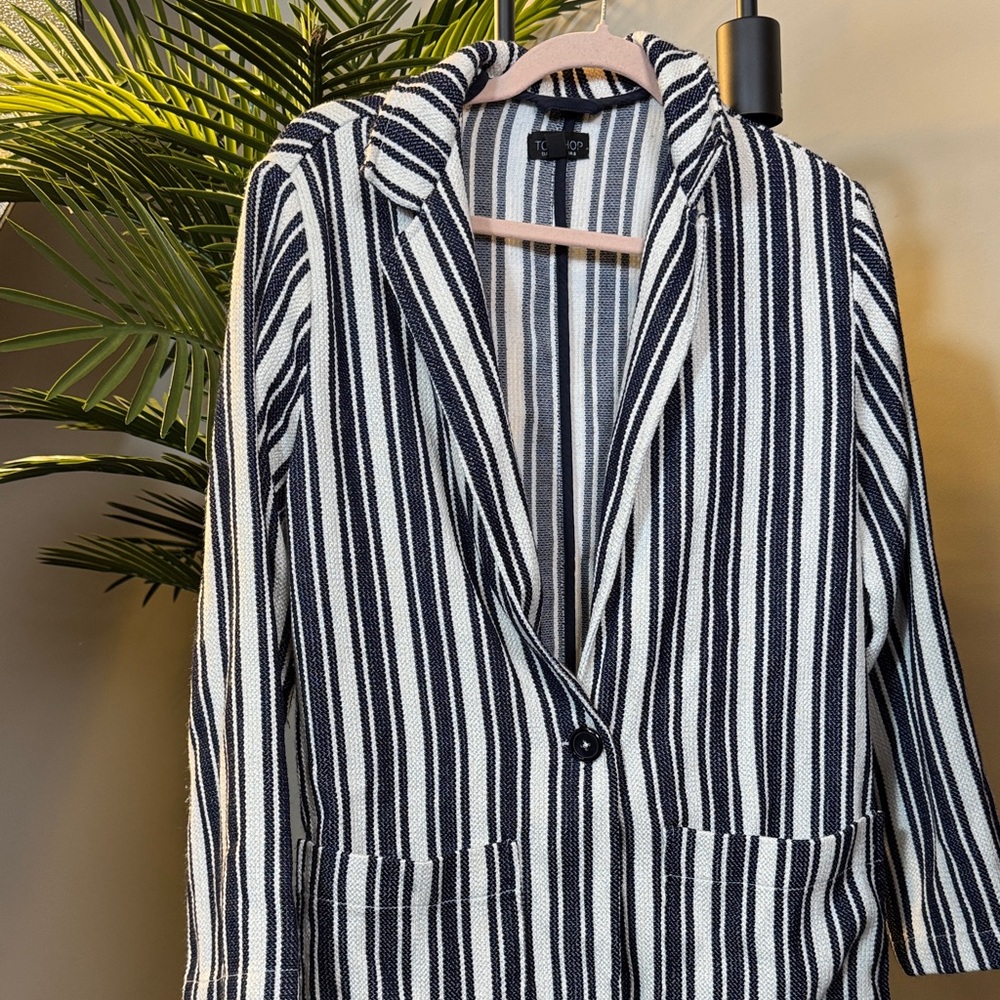 Topshop Navy and White Striped Blazer